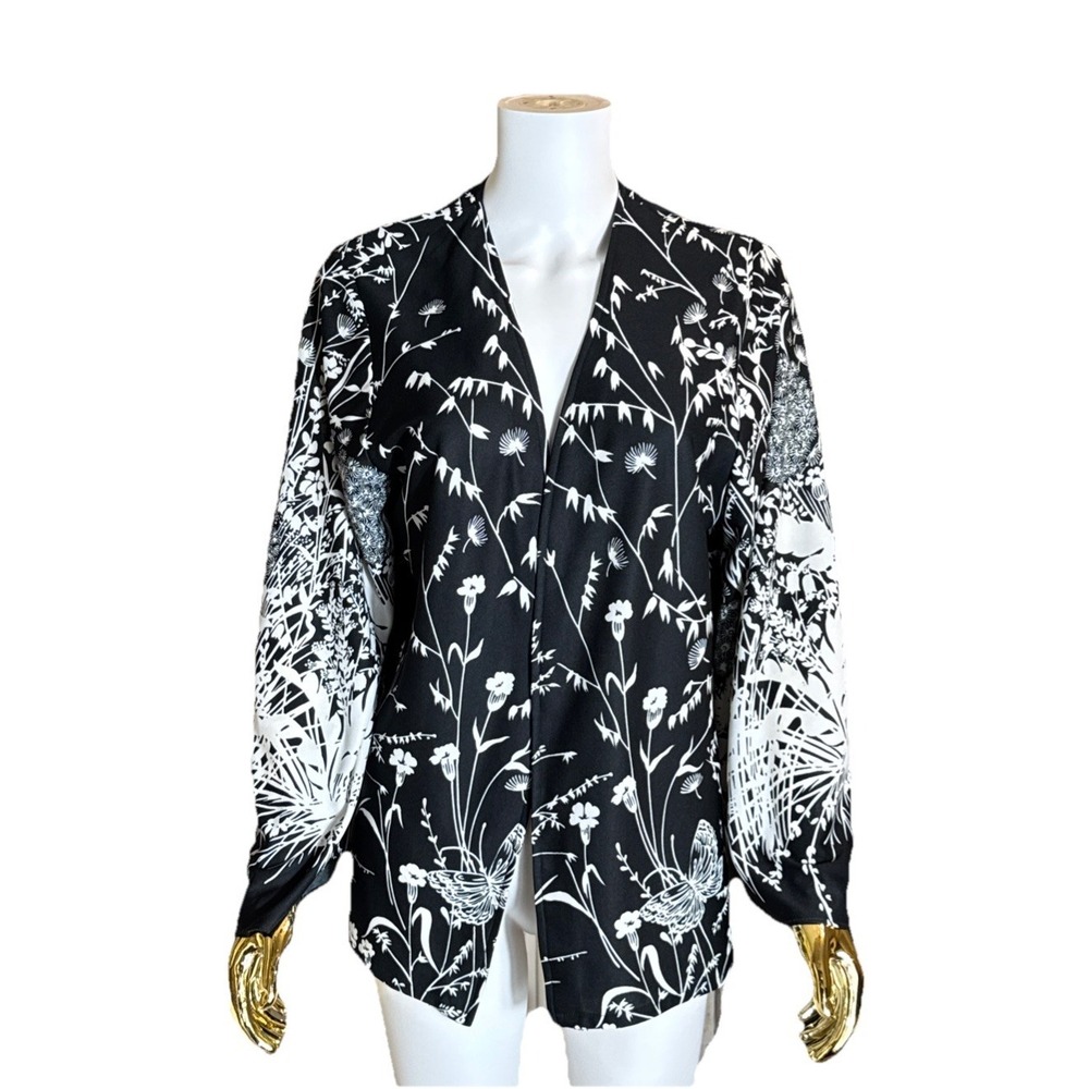 Kimono Cardigan‎ Botanical Butterfly Black White S Edith Flagg Bell Sleeve Open